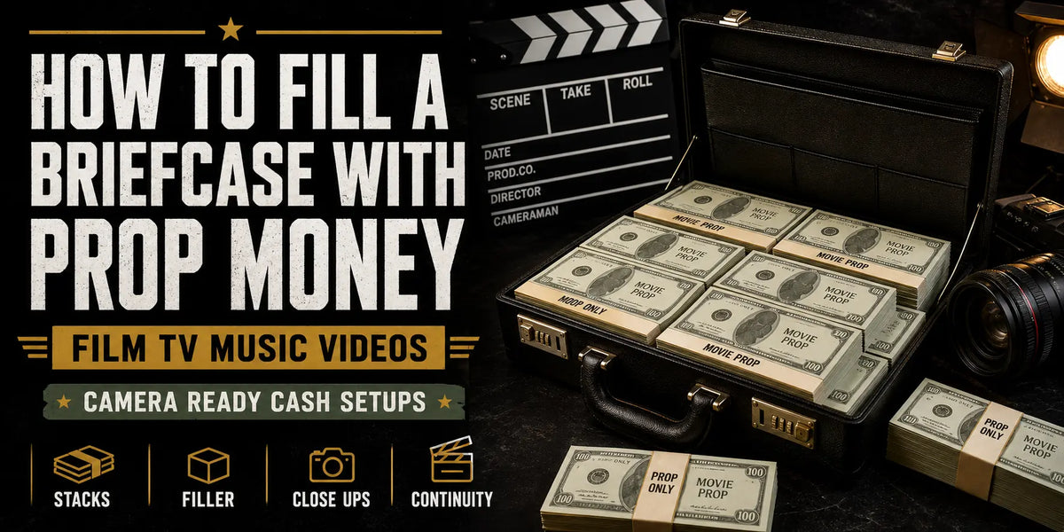 Blog graphic showing an open briefcase filled with prop money stacks for film TV and music video productions