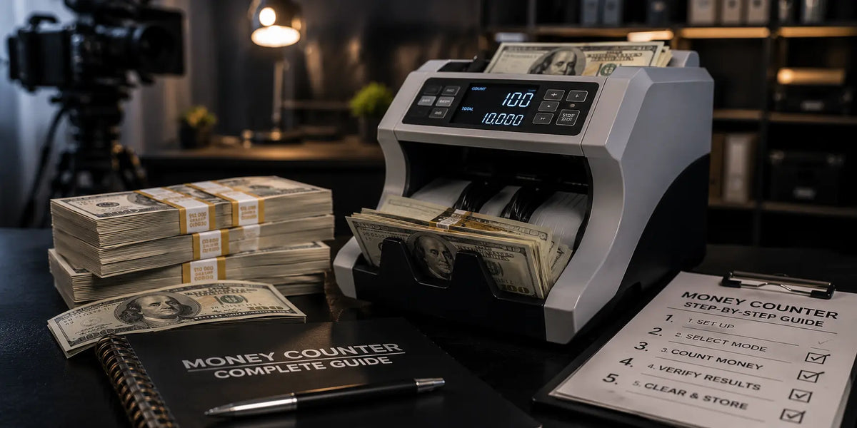 Professional money counter machine counting realistic prop money stacks for film productions, business cash handling, casino events, and cinematic cash scenes