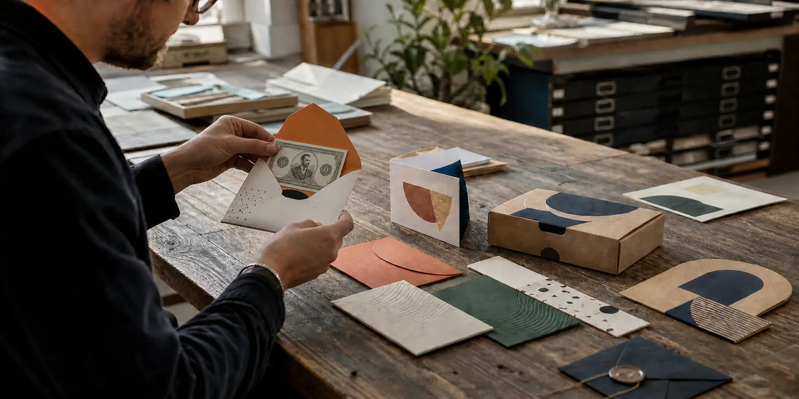 Creative professional opening a direct-mail envelope containing a custom promotional bill.