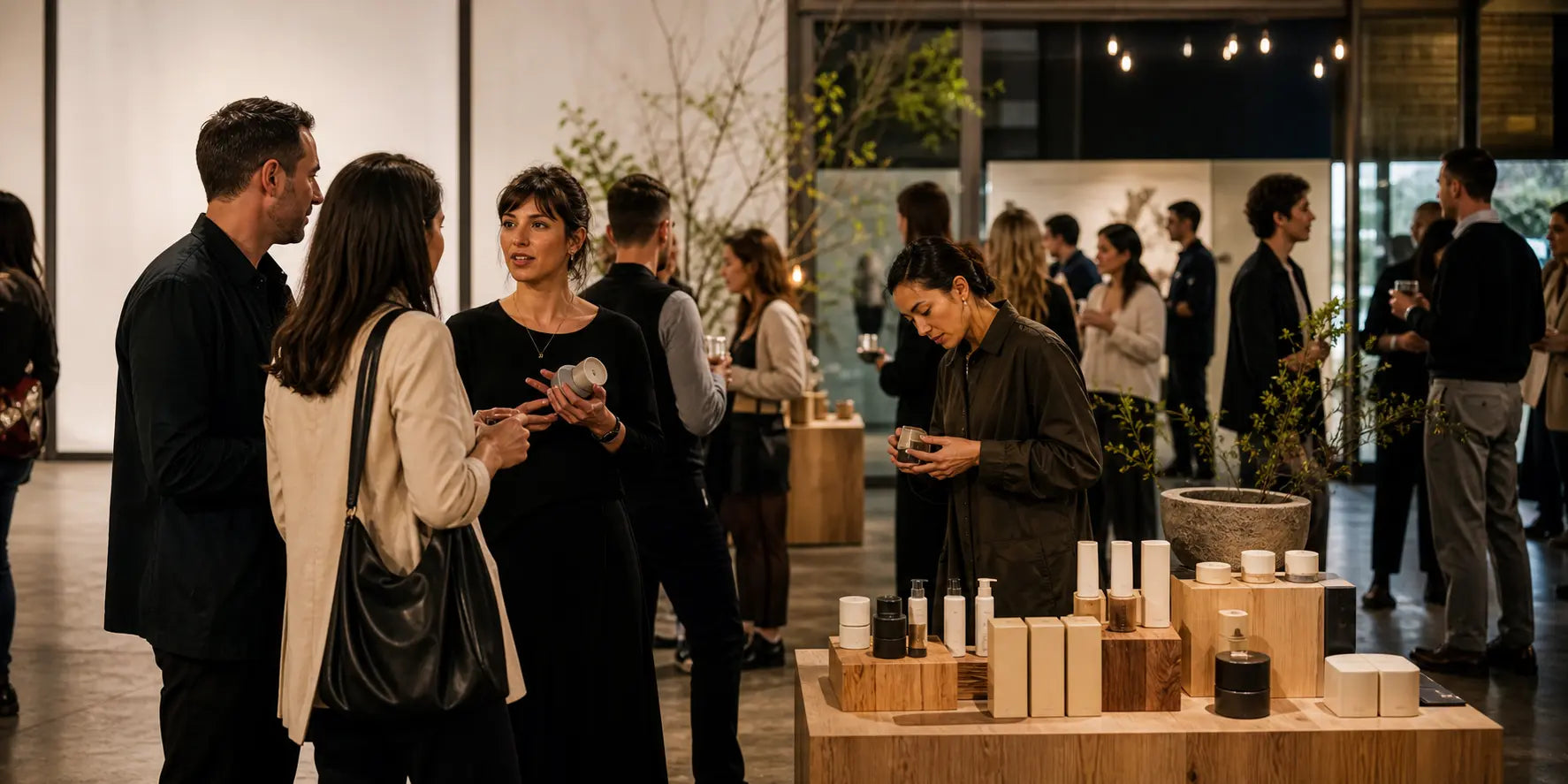 Guests exploring products and speaking with a small-business founder at an intimate launch event.