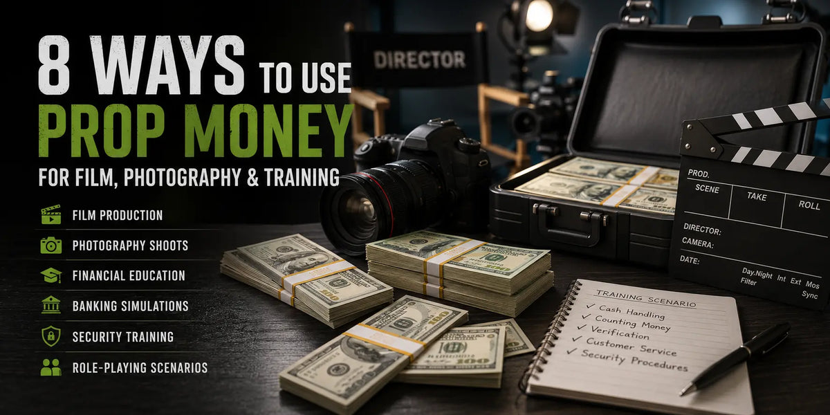 Realistic prop money stacks, bundles, and close-up fake cash used in filmmaking, photography, banking simulations, and entertainment productions