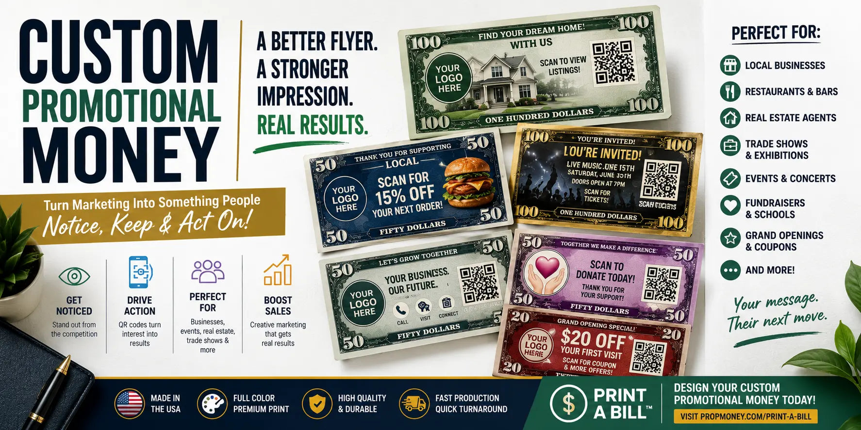 Clean modern banner showing custom promotional money bills with QR codes, business offers, event promotions, real estate marketing, restaurant coupons, and Print A Bill branding.