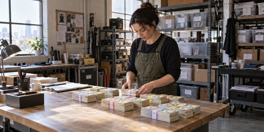 Props technician organizes banded stacks of prop money at a production workbench.