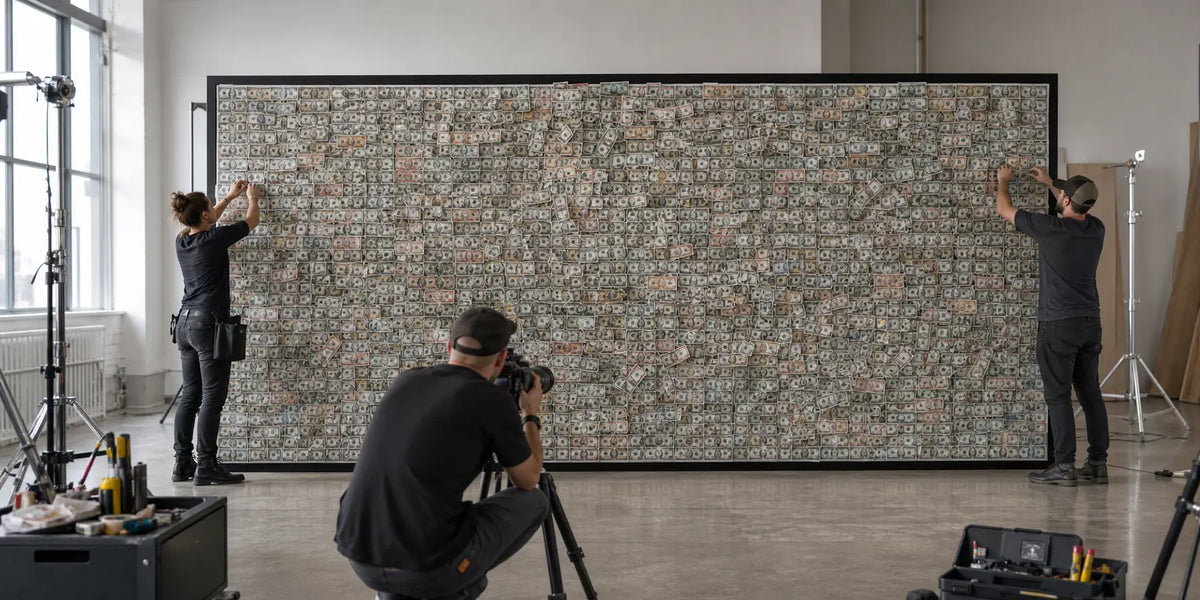 Set decorators finish a large wall covered with prop bills while a photographer frames the shot.