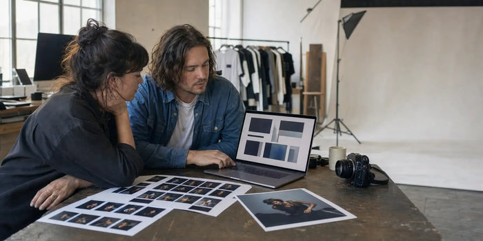 Musician and creative collaborator selecting press photos and assembling an electronic press kit.