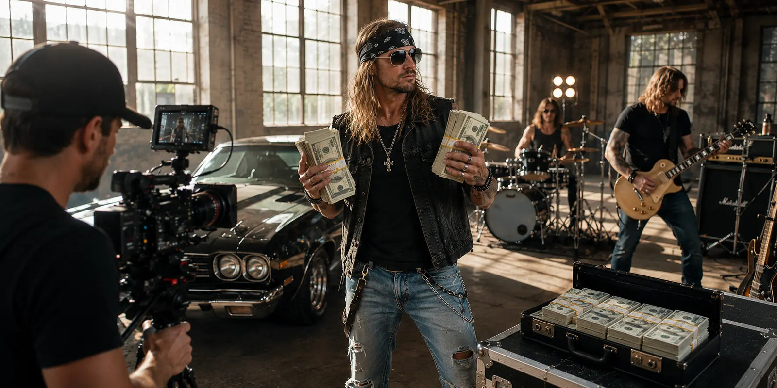Rock artist holding realistic prop money stacks during a cinematic music video shoot with a camera crew, band, vintage car, and cash-filled briefcase.