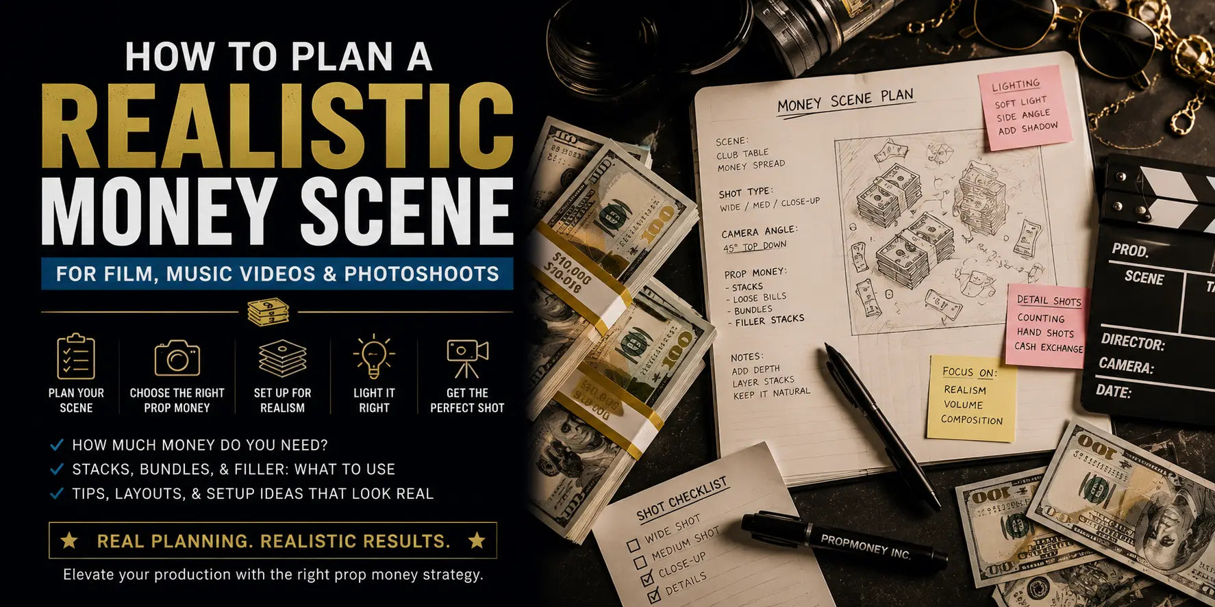 Top-down production planning desk with prop money stacks, shot notes, lighting reminders, camera gear, and a clapperboard for planning a realistic money scene.