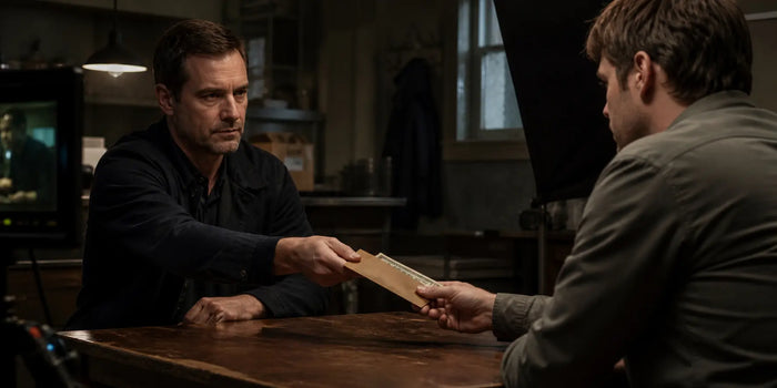 Actors exchange an envelope containing prop money during a dramatic film scene.