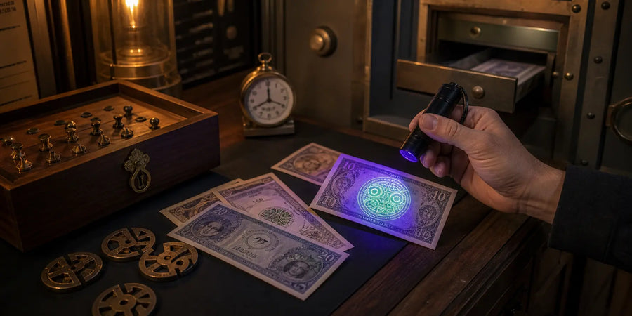 Game master uses UV light to inspect custom prop money clues on an escape-room puzzle desk.