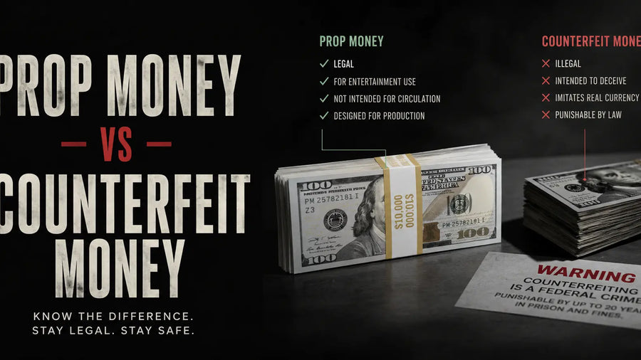 Stacks of realistic prop money used for entertainment productions beside legal warning indicators about counterfeit currency.
