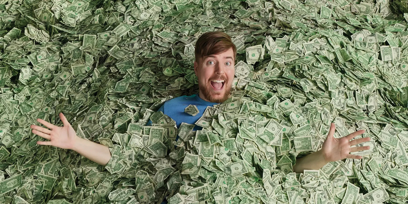 MrBeast surrounded by massive stacks of realistic prop money used for viral YouTube production visuals and entertainment content.