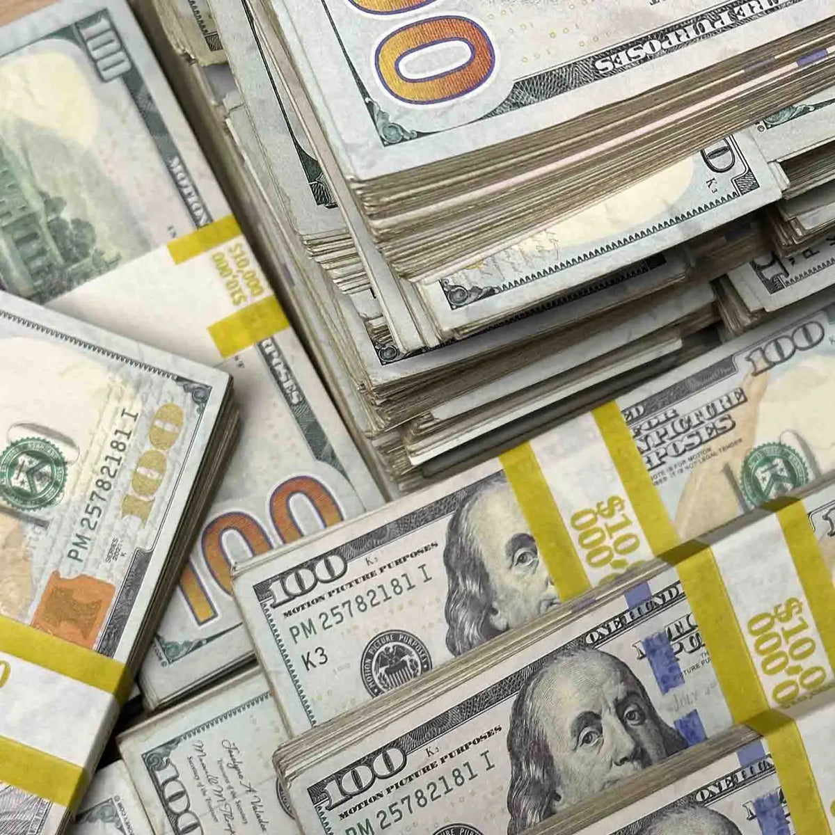 RealAged $10,000 prop money stack for film and video production