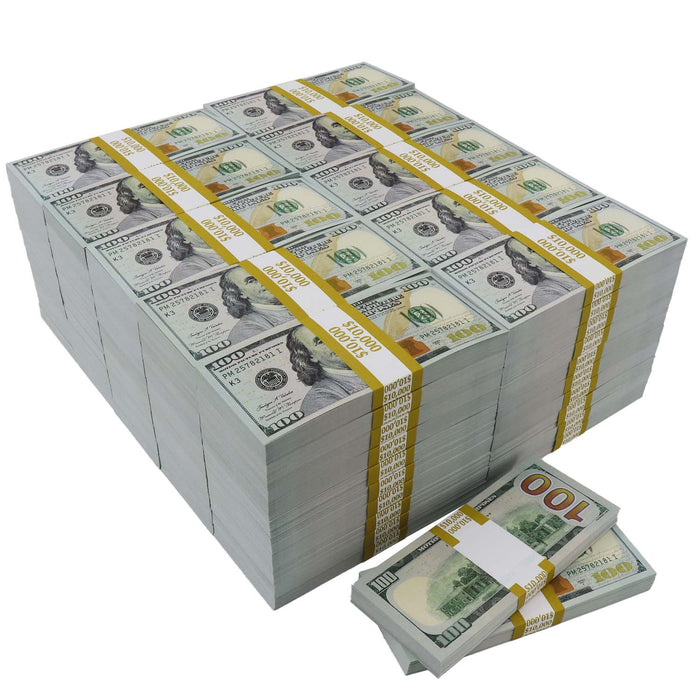 Bulk package of Full Print $100 prop money stacks with yellow $10,000 bands
