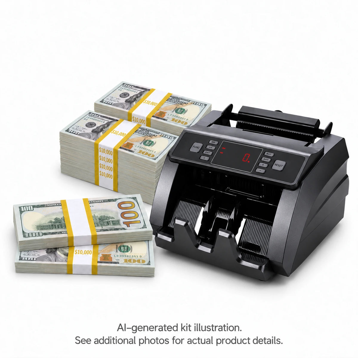 AI-generated illustration of gold-banded $100 prop money stacks beside a gray money counter, with front- and reverse-facing bundles in front. See additional photos for actual product details.