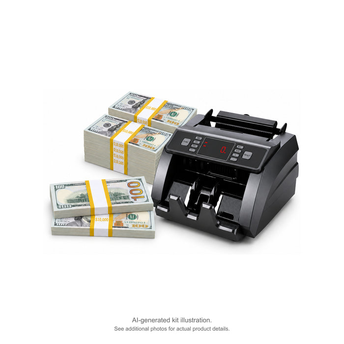 AI-generated illustration of gold-banded $100 prop money stacks beside a gray money counter, with front- and reverse-facing bundles in front. See additional photos for actual product details.