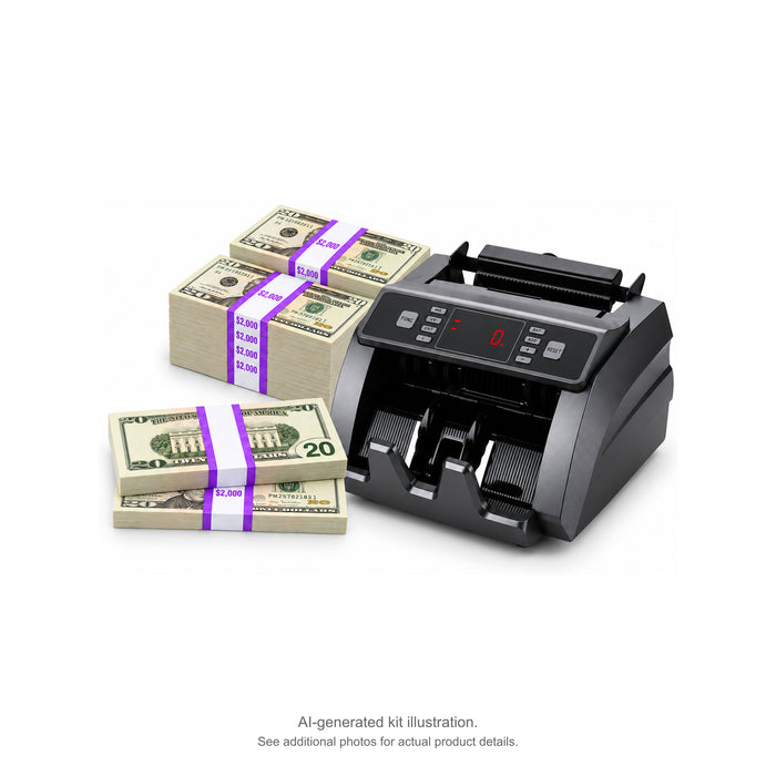 AI-generated illustration of purple-banded $20 prop money stacks beside a gray money counter, with two overlapping bundles in front. See additional photos for actual product details.