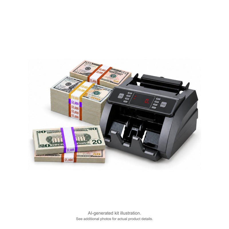 AI-generated illustration of mixed $20, $50 and $100 prop money stacks beside a gray money counter, with purple $2,000, brown $5,000 and gold $10,000 bands and two overlapping bundles in front. See additional photos for actual product details.