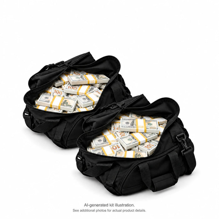 AI-generated illustration of 2 black duffel bags filled with fresh gold-banded $100 Full Print prop money stacks; 100 stacks in the kit. Money counter not included. See additional photos for actual product details.