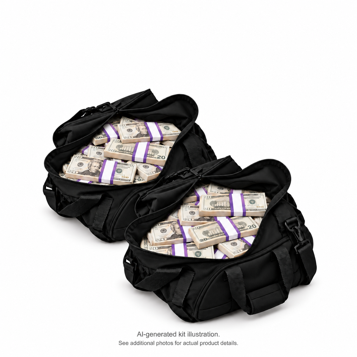 AI-generated illustration of 2 black duffel bags filled with $20 Full Print prop money stacks; 100 stacks in the kit. Money counter not included. See additional photos for actual product details.