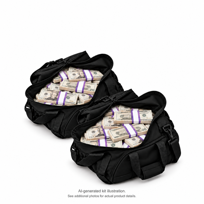 AI-generated illustration of 2 black duffel bags filled with $20 Full Print prop money stacks; 100 stacks in the kit. Money counter not included. See additional photos for actual product details.