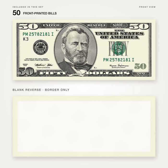 $50 2000s Close-Up prop bill: front-printed bill above its blank bordered reverse.