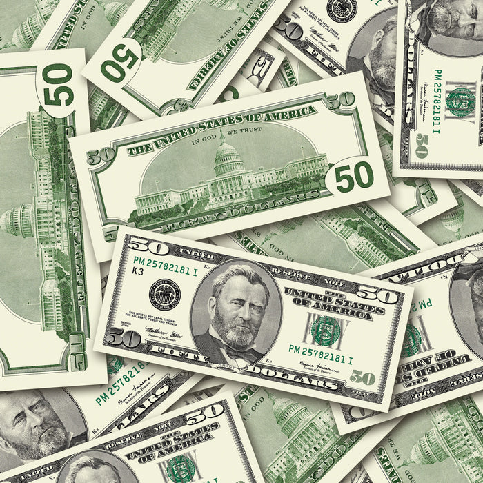 $50 2000s Close-Up prop bills with printed fronts and backs scattered randomly; one complete front and back centered.