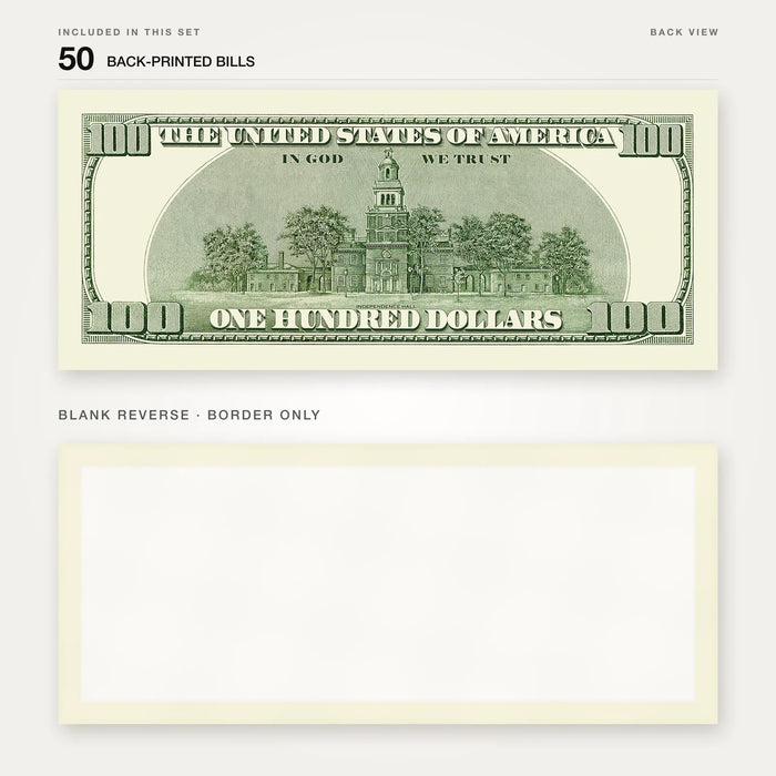 $100 2000s Close-Up prop bill: back-printed bill above its blank bordered reverse.