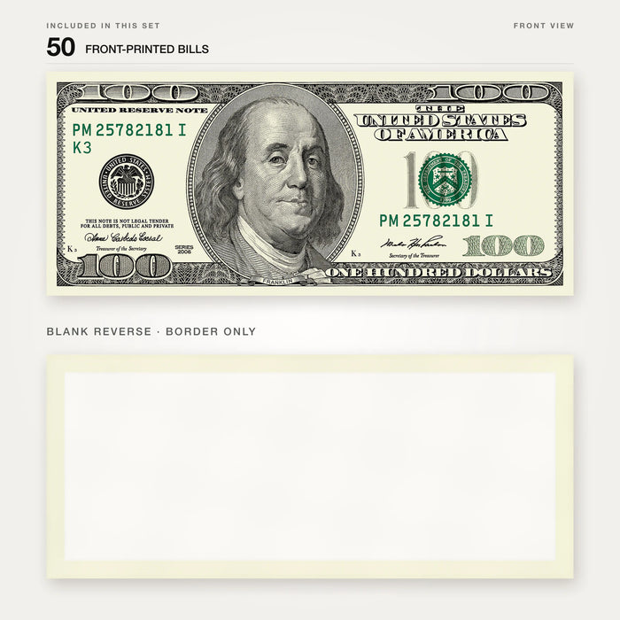 $100 2000s Close-Up prop bill: front-printed bill above its blank bordered reverse.