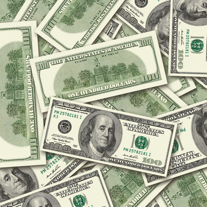 $100 2000s Close-Up prop bills with printed fronts and backs scattered randomly; one complete front and back centered.