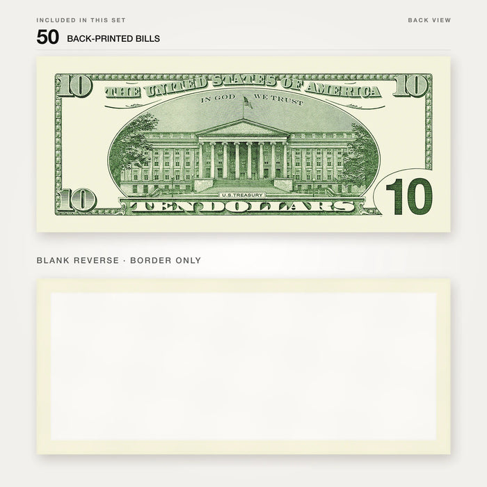 $10 2000s Close-Up prop bill: back-printed bill above its blank bordered reverse.