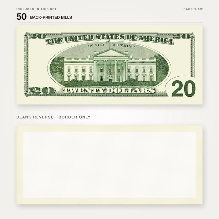 $20 2000s Close-Up prop bill: back-printed bill above its blank bordered reverse.