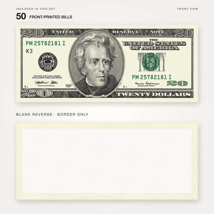 $20 2000s Close-Up prop bill: front-printed bill above its blank bordered reverse.