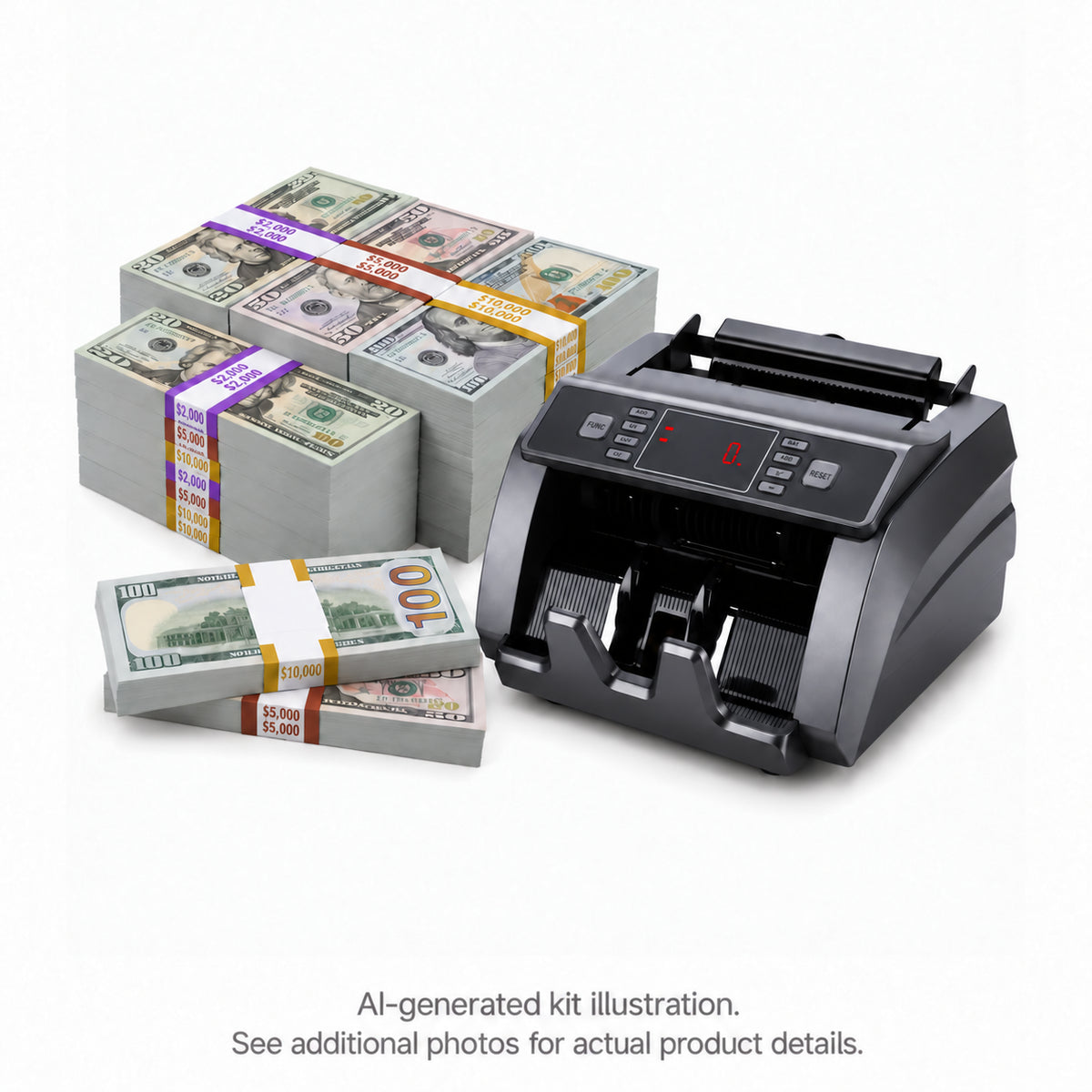 AI-generated illustration of the 25-stack mixed prop money kit with $20, $50 and $100 stacks, purple $2,000, brown $5,000 and gold $10,000 bands beside a gray money counter. See additional photos for actual product details.