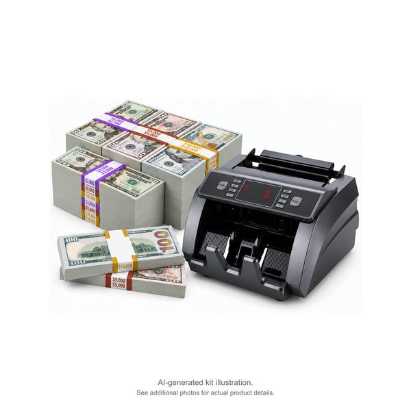 Illustration of a ready-to-go kit with prop money and a money counter