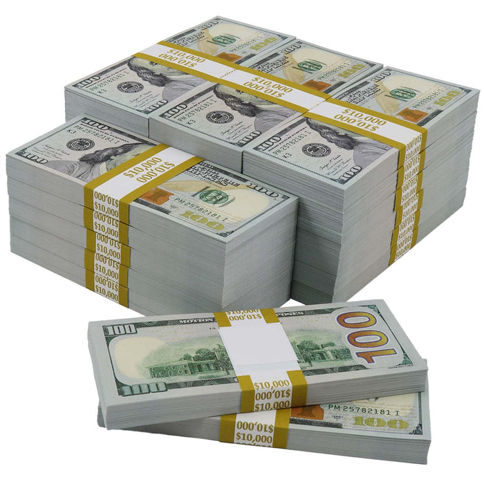 $250,000 Full Print New Series package of banded $100 prop money stacks