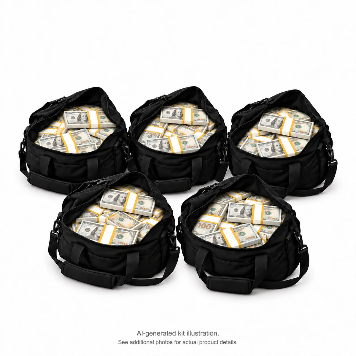 AI-generated illustration of 5 black duffel bags filled with fresh gold-banded $100 Full Print prop money stacks; 250 stacks in the kit. Money counter not included. See additional photos for actual product details.