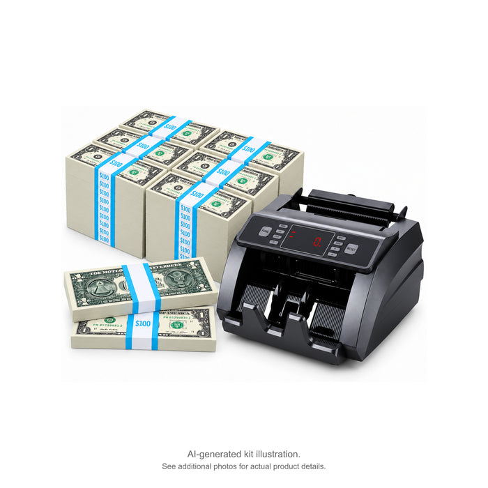 AI-generated illustration for the 50-stack $1 prop money kit, showing cyan-banded stacks and a money counter on white; see additional photos for actual product details