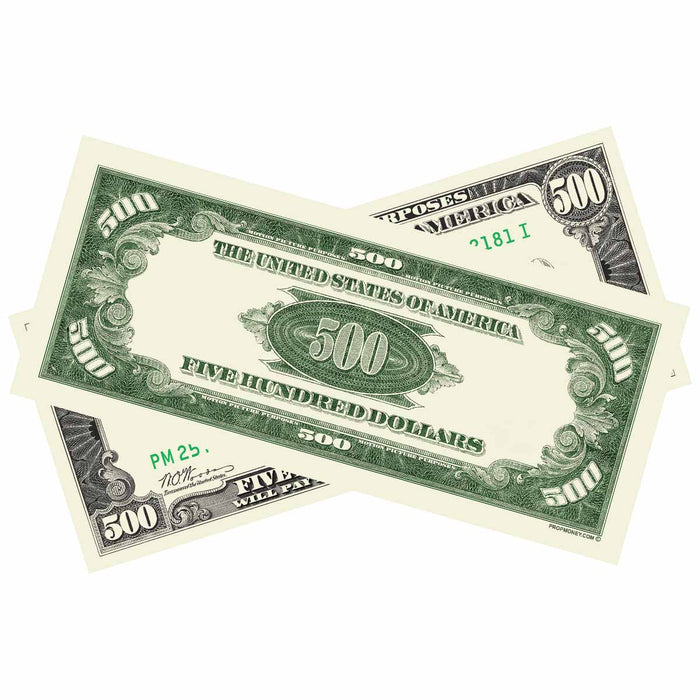 Vintage $500 novelty bills for productions and displays