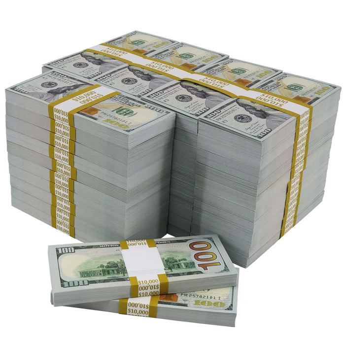 $500,000 Full Print New Series package of banded $100 prop money stacks