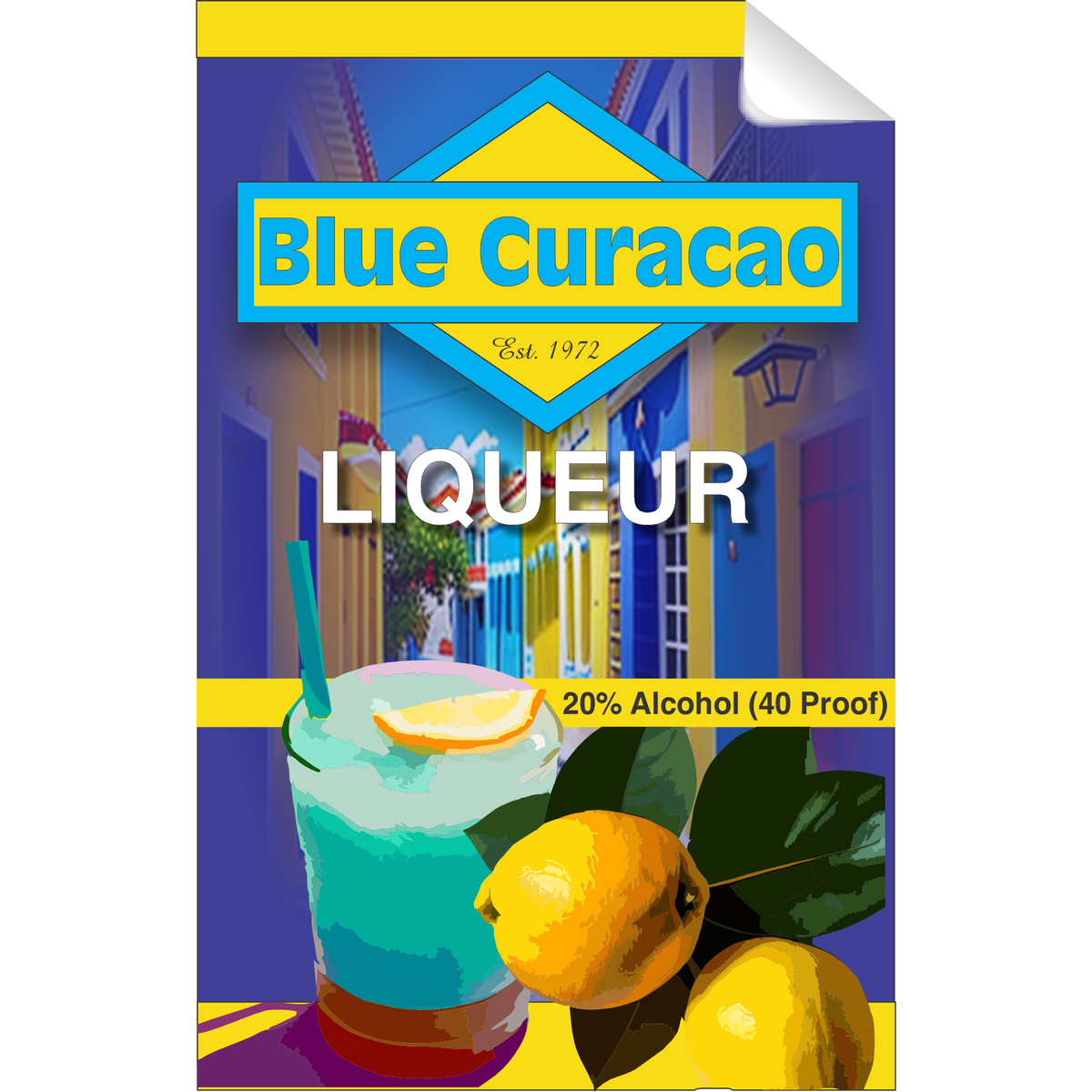 Blue Curcacao Single Self Adhesive Label - License and Royalty Free for Film Use - Prop Money Inc.