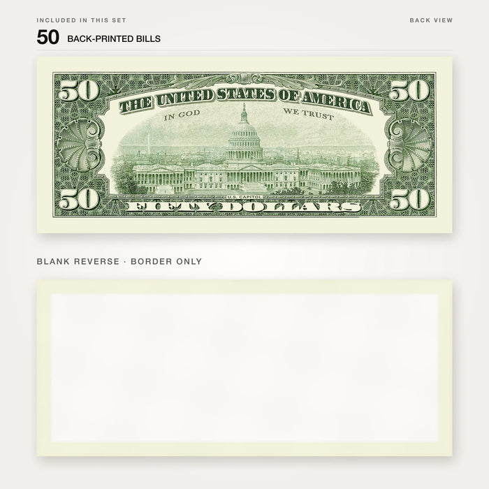 $50 1990s Close-Up prop bill: back-printed bill above its blank bordered reverse.