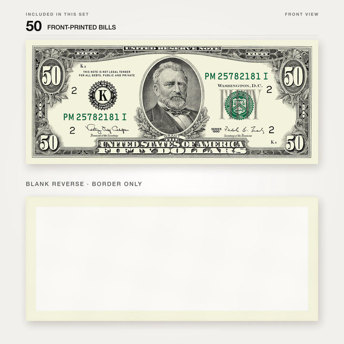 $50 1990s Close-Up prop bill: front-printed bill above its blank bordered reverse.
