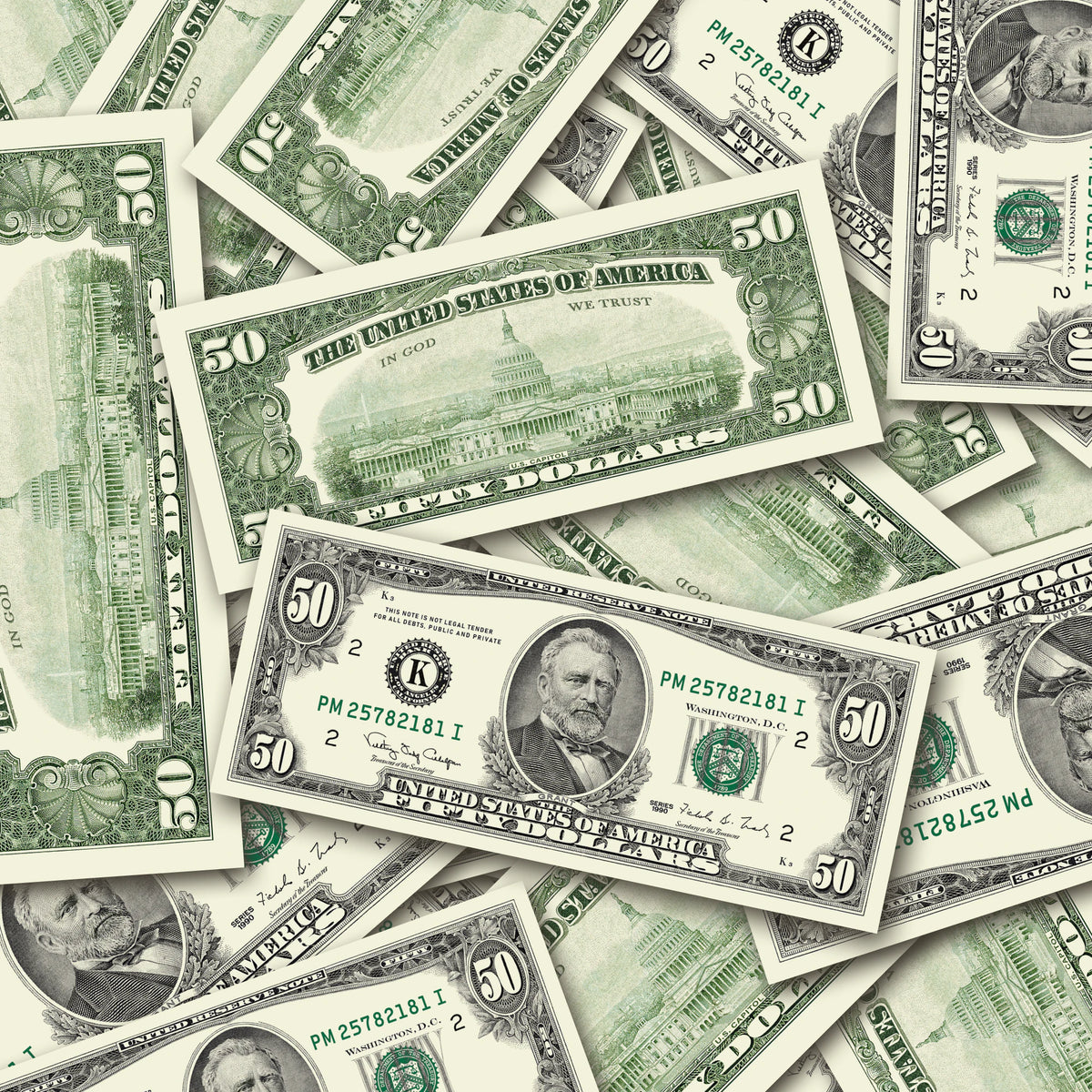$50 1990s Close-Up prop bills with printed fronts and backs scattered randomly; one complete front and back centered.