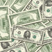 $5 1990s Close-Up prop bills with printed fronts and backs scattered randomly; one complete front and back centered.