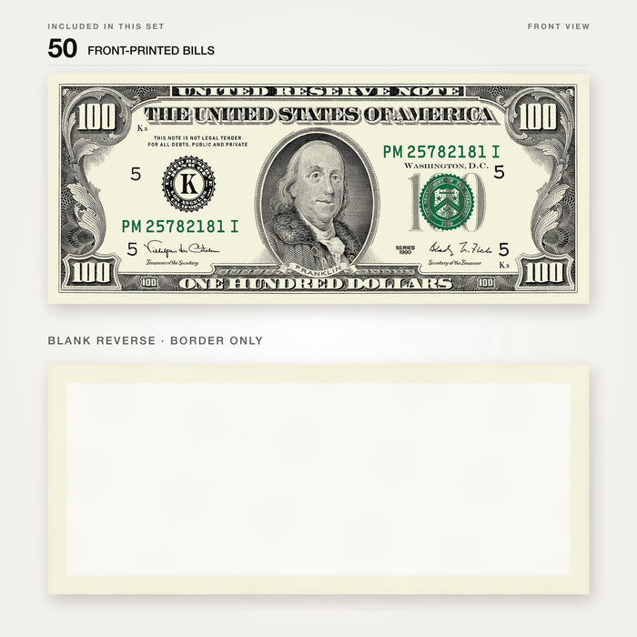 $100 1990s Close-Up prop bill: front-printed bill above its blank bordered reverse.