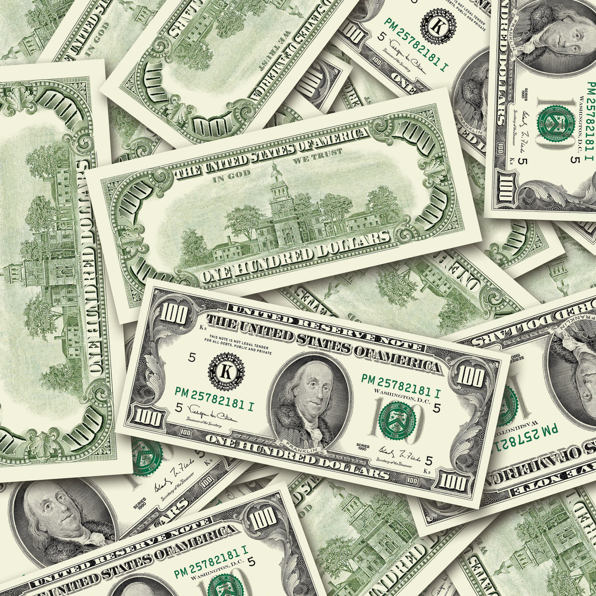 $100 1990s Close-Up prop bills with printed fronts and backs scattered randomly; one complete front and back centered.