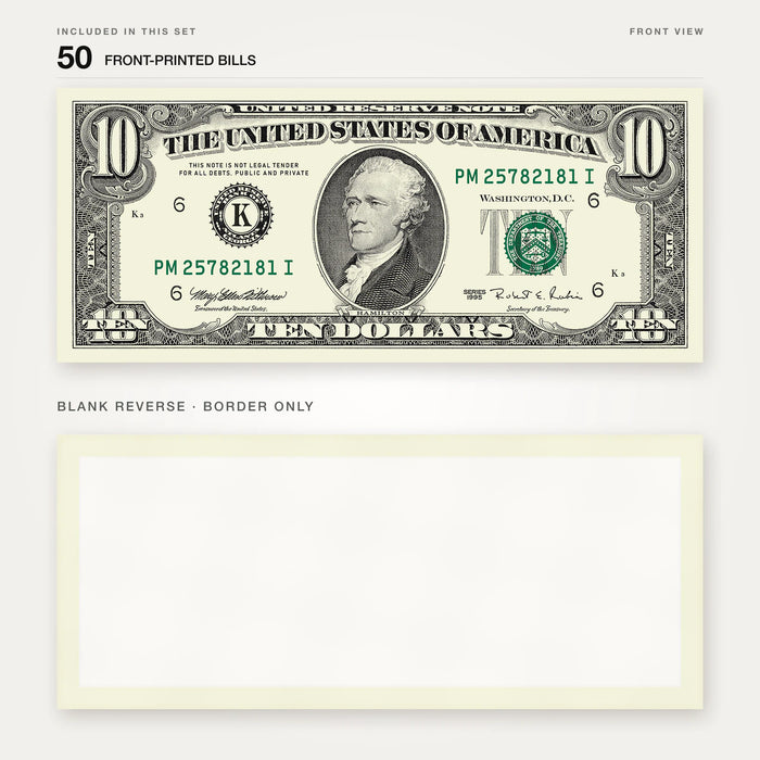 $10 1990s Close-Up prop bill: front-printed bill above its blank bordered reverse.