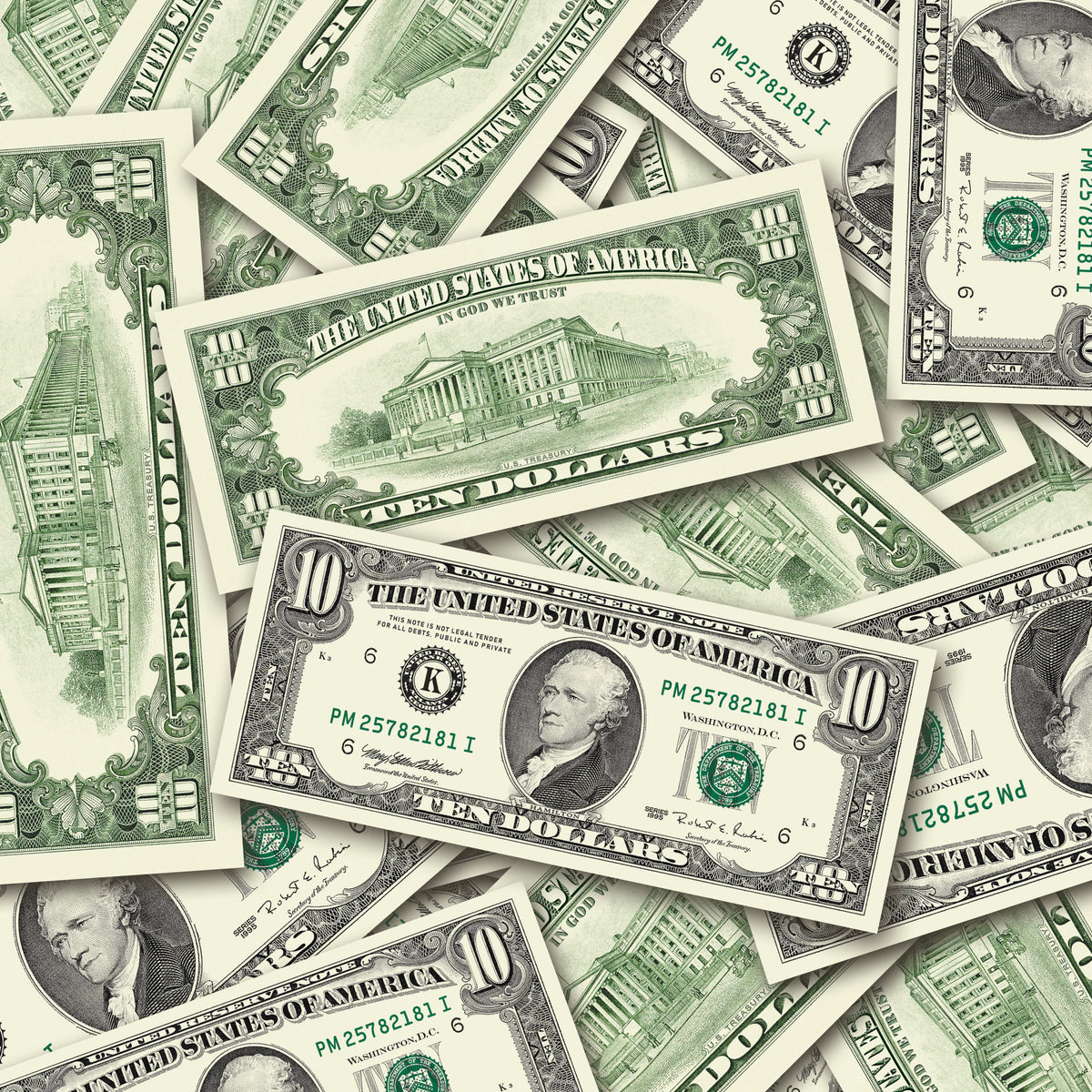 $10 1990s Close-Up prop bills with printed fronts and backs scattered randomly; one complete front and back centered.