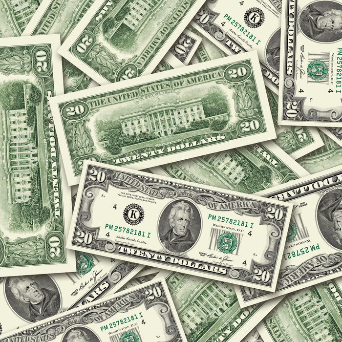 $20 1990s Close-Up prop bills with printed fronts and backs scattered randomly; one complete front and back centered.