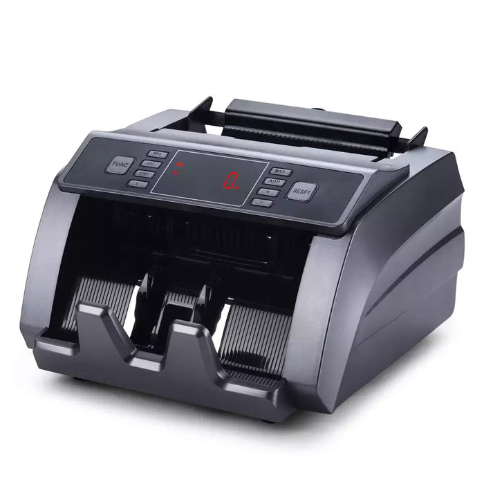 Gray money counter with digital display, hopper and bill stacker, three-quarter front view